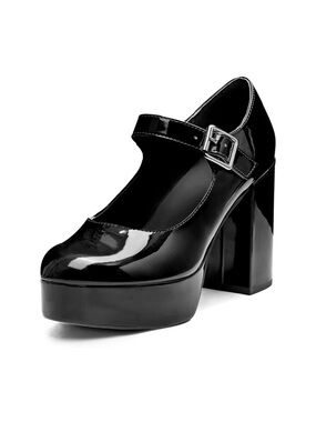 Coutgo Womens' Round Toe Chunky Platform Heels Patent Mary Jane Dress Shoe-Black